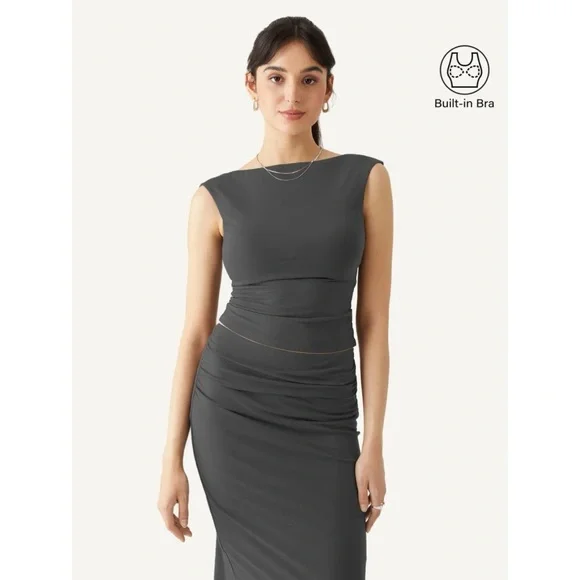OGL 2pc Set Open Back Brami Tank and Ruched Mermaid Maxi Skirt In Dark Grey M